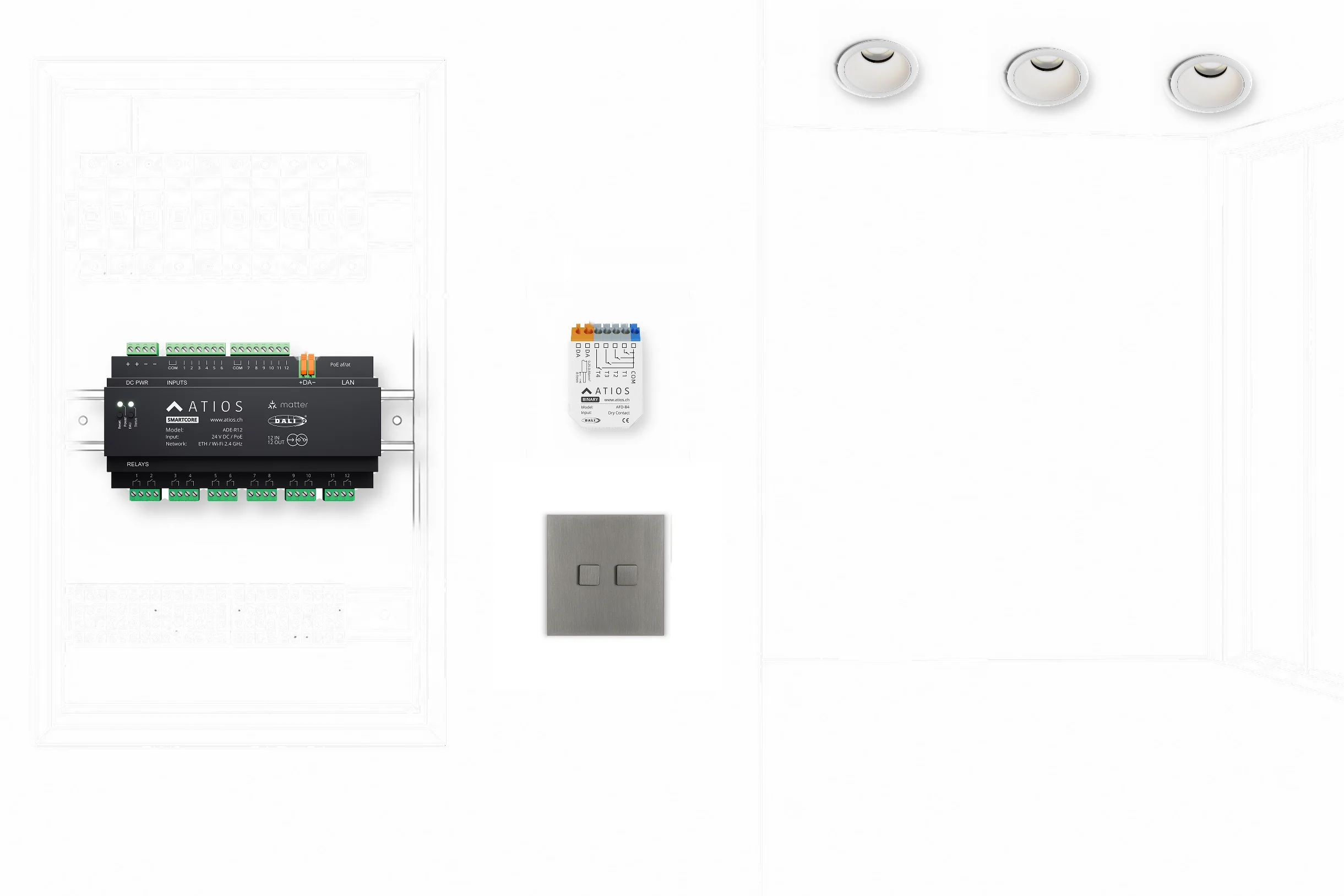 Animated wiring diagram: the DALI line runs from the Atios SmartCore to the push-button interface and three ceiling spots; two wires connect the wall switch.
