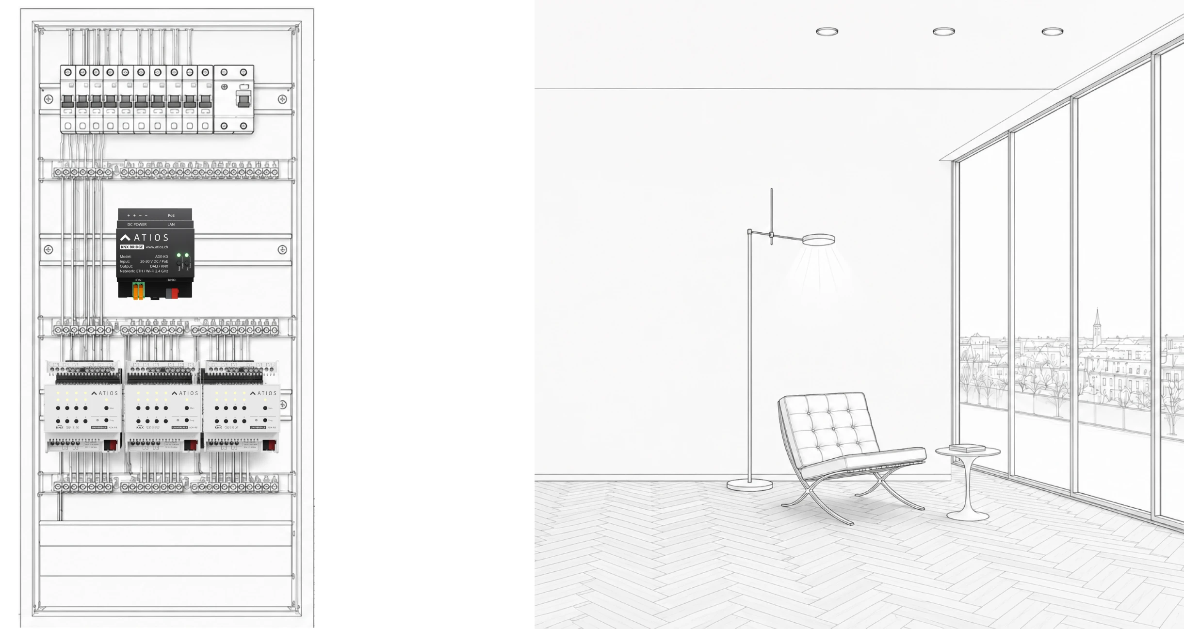 Atios KNX Bridge in a distribution board, wired to DALI spots, KNX actuators and a wall keypad